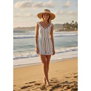 Intermix Rachel Striped Flutter Overall Romper Womens 2 White Black Linen Vacay